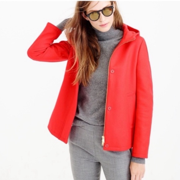 J. Crew Melton Wool Hooded Coat Red Italian SZ. 2 - Picture 2 of 13